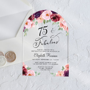Elegant Floral Watercolor 75th Birthday Party Arch Acrylic Invitations