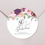 Elegant Floral Watercolor 80th Birthday Party Classic Round Sticker<br><div class="desc">Send out your eightieth birthday party invitations and correspondence sealed with these elegant and chic personalized stickers with "80 & Fabulous" in a chic script and watercolor bouquets of burgundy red,  blush pink and purple florals with light sage greenery. Personalize with your name.</div>