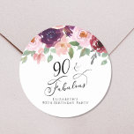 Elegant Floral Watercolor 90th Birthday Party Classic Round Sticker<br><div class="desc">Send out her ninetieth birthday party invitations and correspondence sealed with these elegant and chic personalized stickers featuring "90 & Fabulous" in a chic script and watercolor bouquets of burgundy red,  blush pink and purple florals with sage greenery. Personalize with your name.</div>