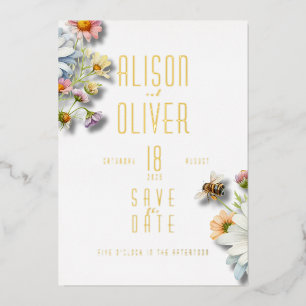 Elegant Floral Watercolor Bee Gold Foil Invitation