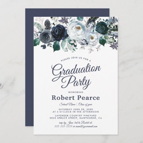 Elegant Floral Watercolor Blue Graduation Party Invitation - Elegant grad party invitations featuring a classic white background that can be changed to any color, a rustic boho blue watercolor floral display, and a modern graduate party celebration template.