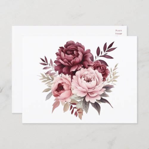 Elegant Floral Watercolor Burgundy Peony Wedding  Postcard