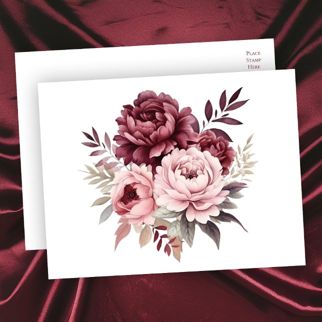 Elegant Floral Watercolor Burgundy Peony Wedding  Postcard (Creator Uploaded)