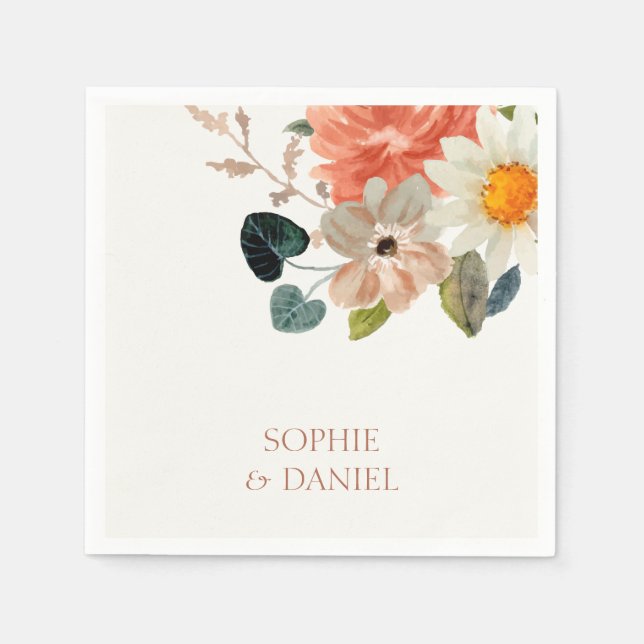 Elegant Floral Watercolor Couple Initials Wedding Napkins (Front)