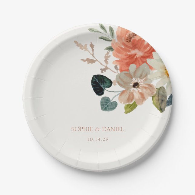 Elegant Floral Watercolor Couple Initials Wedding Paper Plates (Front)