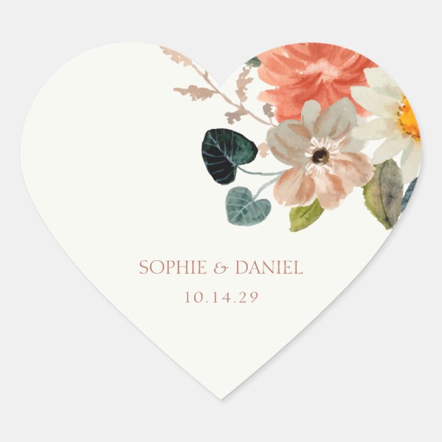 Elegant Floral Watercolor Couple Wedding Heart Sticker (Front)