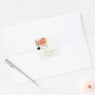 Elegant Floral Watercolor Couple Wedding Welcome Square Sticker