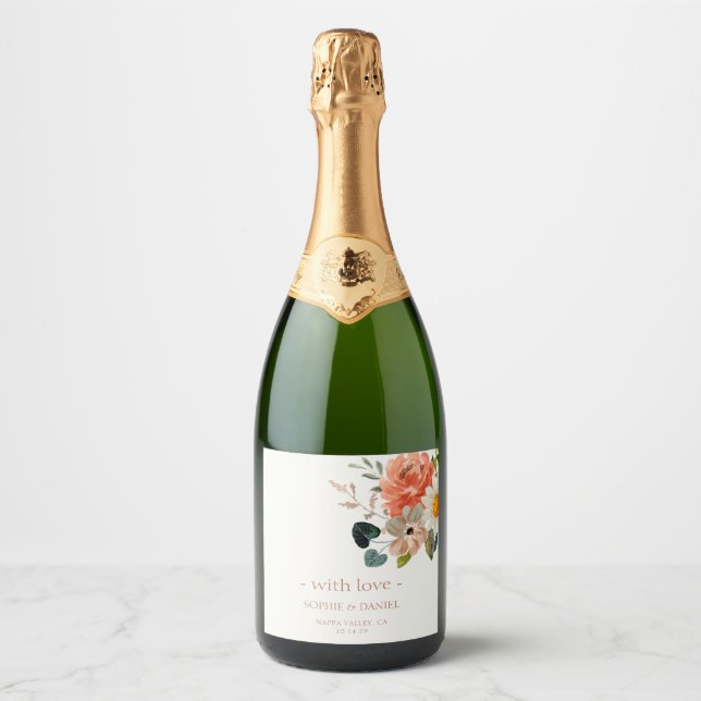 Elegant Floral Watercolor Couple Wedding With Love Sparkling Wine Label (Front)