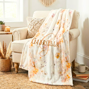 Elegant Floral Watercolor Custom Monogram Fleece Blanket