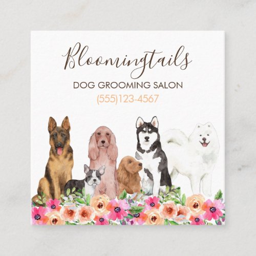 Elegant Floral Watercolor Dogs Grooming Service Square Business Card