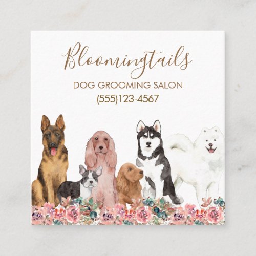 Elegant Floral Watercolor Dogs Grooming Service Square Business Card