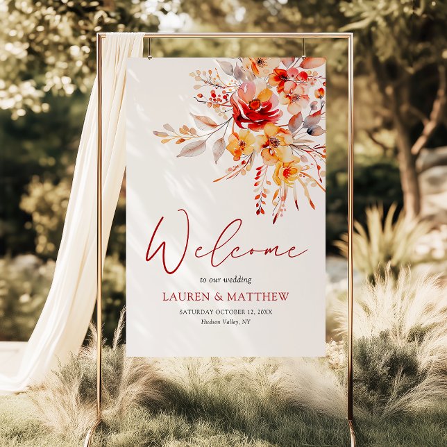 Elegant Floral Watercolor Fall Wedding Welcome Poster (Elegant rustic fall watercolor floral welcome to our wedding poster)