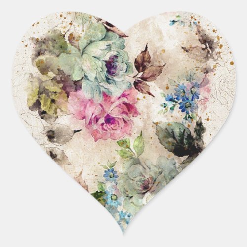 Elegant Floral Watercolor Gold Romantic Heart Sticker