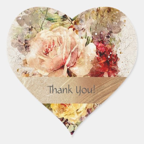 Elegant Floral Watercolor Gold Thank You Heart Sti Heart Sticker