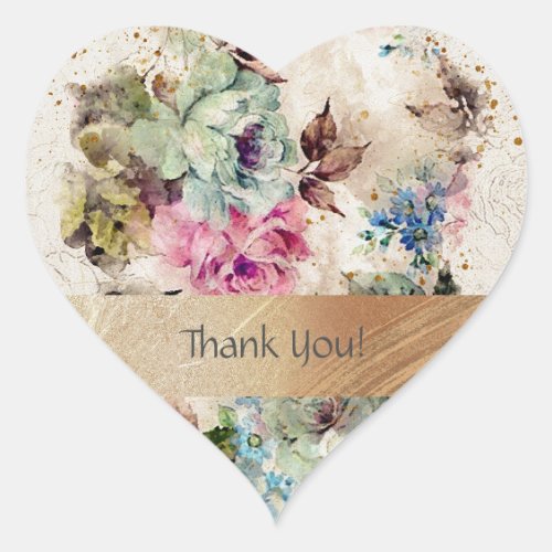 Elegant Floral Watercolor Gold Thank You Heart Sticker