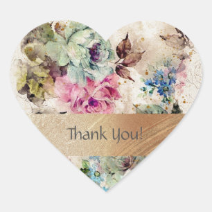 Elegant Floral Watercolor Gold Thank You Heart Sticker