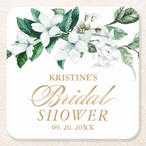 Elegant Floral Watercolor Greenery Bridal Shower Square Paper Coaster
