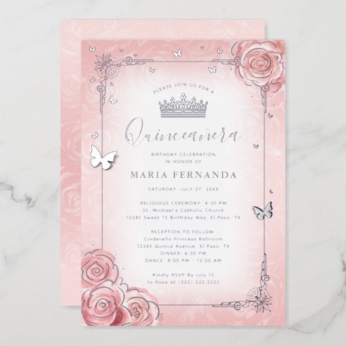 Elegant Floral Watercolor Light Pink Quinceanera Foil Invitation