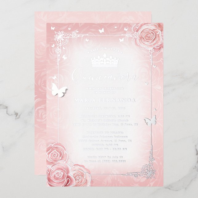 Elegant Floral Watercolor Light Pink Quinceanera Foil Invitation (Front/Back)