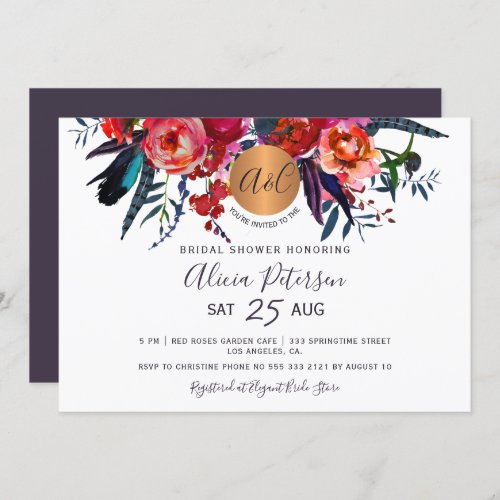 Elegant floral watercolor monogram bridal shower invitation