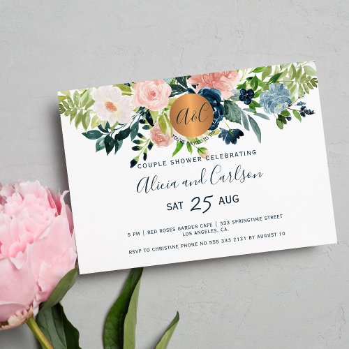 Elegant floral watercolor monogram couple shower invitation