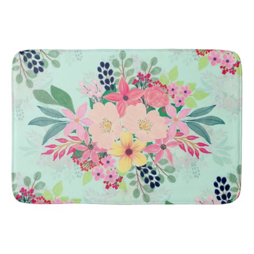 Elegant Floral Watercolor Paint Mint Girly Design Bath Mat