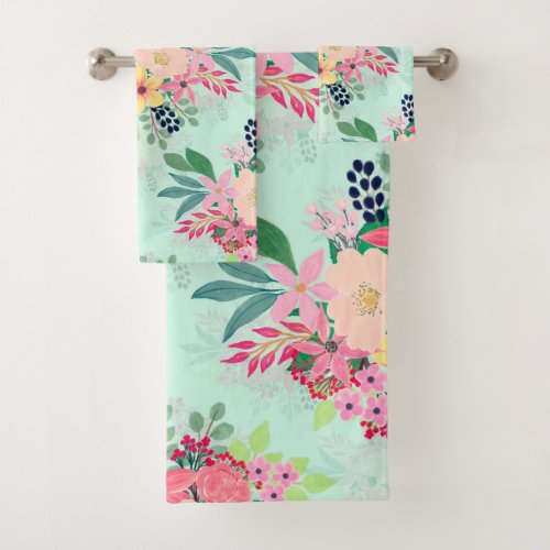 Elegant Floral Watercolor Paint Mint Girly Design Bath Towel Set