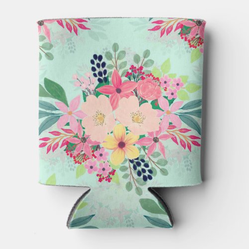 Elegant Floral Watercolor Paint Mint Girly Design Can Cooler