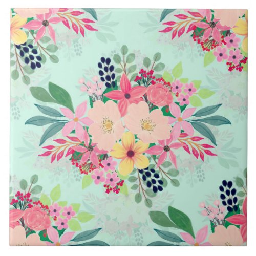 Elegant Floral Watercolor Paint Mint Girly Design Ceramic Tile