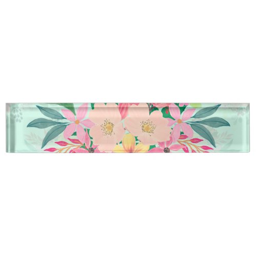 Elegant Floral Watercolor Paint Mint Girly Design Desk Name Plate