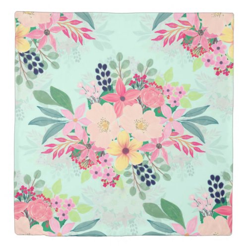 Elegant Floral Watercolor Paint Mint Girly Design Duvet Cover