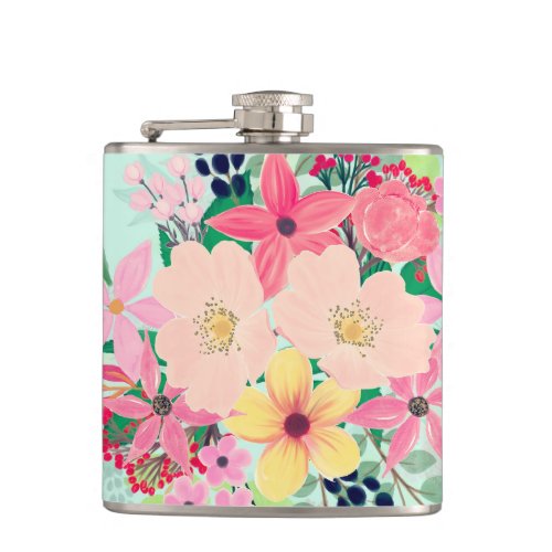 Elegant Floral Watercolor Paint Mint Girly Design Flask