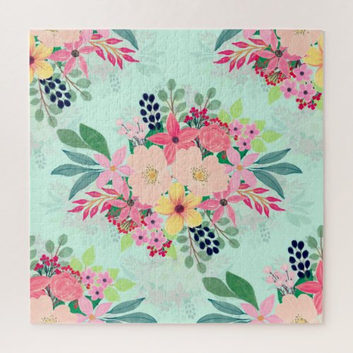 Elegant Floral Watercolor Paint Mint Girly Design Jigsaw Puzzle