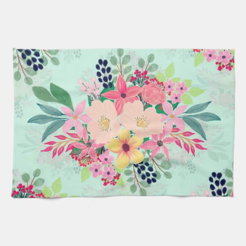 Elegant Floral Watercolor Paint Mint Girly Design Kitchen Towel