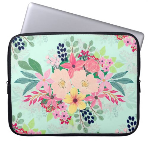 Elegant Floral Watercolor Paint Mint Girly Design Laptop Sleeve