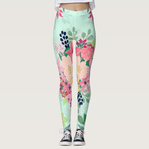 Elegant Floral Watercolor Paint Mint Girly Design Leggings