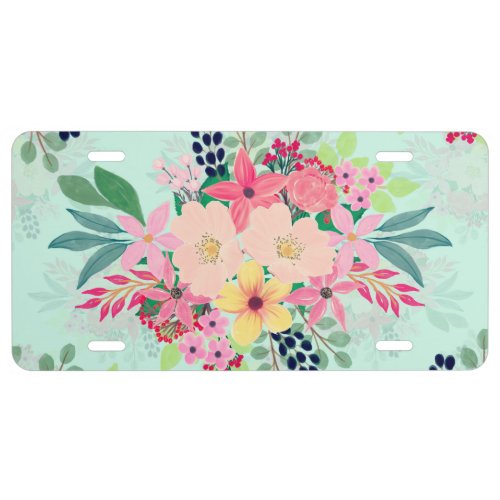 Elegant Floral Watercolor Paint Mint Girly Design License Plate