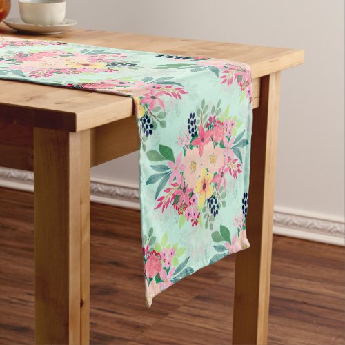 Elegant Floral Watercolor Paint Mint Girly Design Medium Table Runner