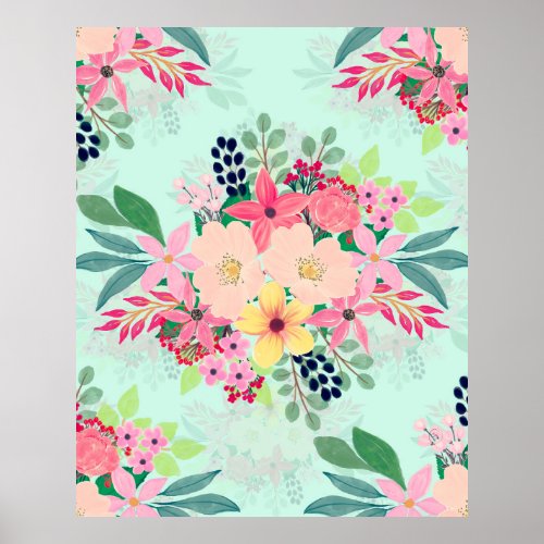 Elegant Floral Watercolor Paint Mint Girly Design Poster