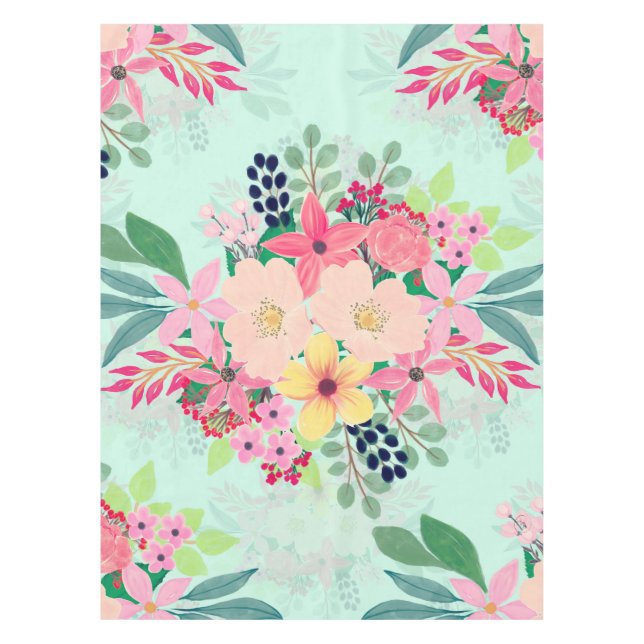 Elegant Floral Watercolor Paint Mint Girly Design Tablecloth (Front)