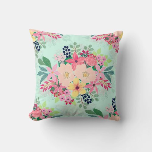 Elegant Floral Watercolor Paint Mint Girly Design Throw Pillow
