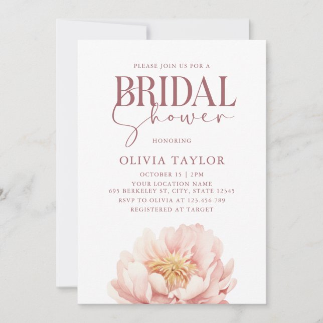 Elegant Floral Watercolor Peony Bridal Shower Invitation (Front)