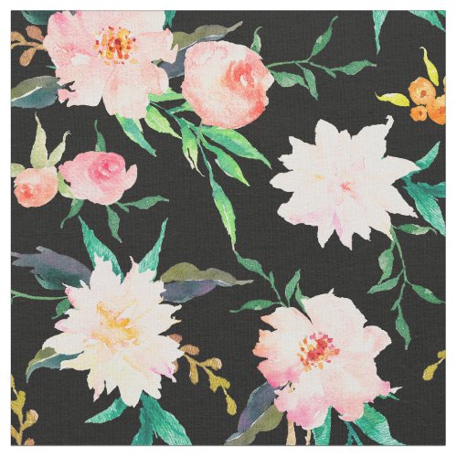 Elegant Floral Watercolor Pink Black White Fabric