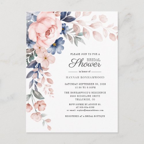 Elegant Floral Watercolor Pink Bridal Shower Invitation Postcard