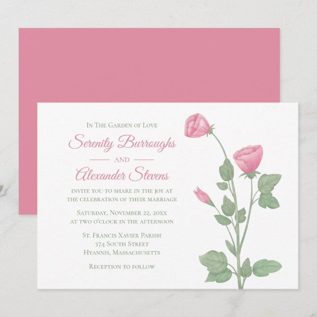 Elegant Floral Watercolor Pink Flowers Wedding  Invitation (Front/Back)