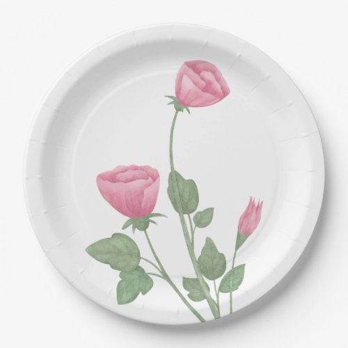 Elegant Floral Watercolor Pink Flowers Wedding Paper Plates