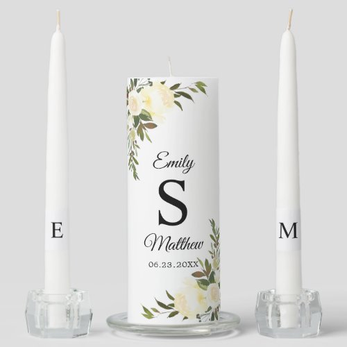 Elegant Floral Watercolor Pink Ivory Wedding Unity Candle Set