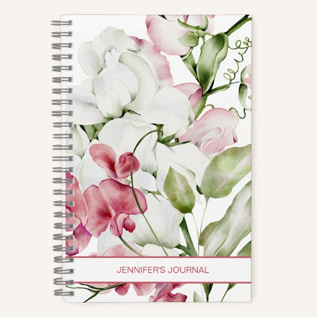 Elegant Floral Watercolor Pink White  Notebook (Front)