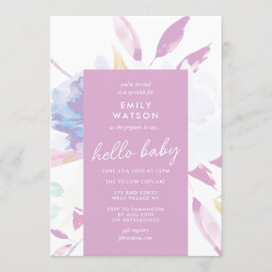 Elegant Floral Watercolor Purple Hello Baby Shower Invitation