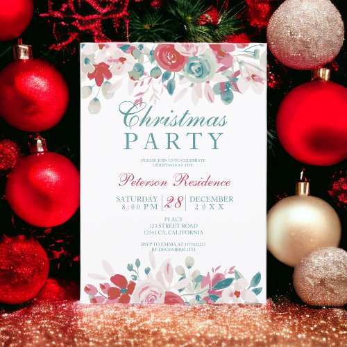 Elegant floral watercolor red green Christmas Invitation